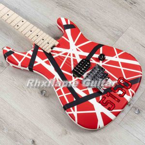 Raro 5150 Edward Van Halen Blanco Rayas negras Guitarra eléctrica roja Mano izquierda Floyd Rose Puente trémolo Barra Whammy Tuerca de bloqueo Mástil de arce Diapasón Clavijero grande