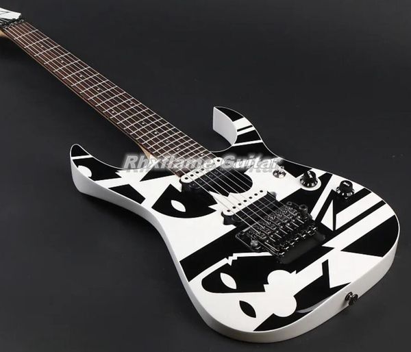 Rare 7 cordes JPM Picasso P7 John Petrucci Blanc Noir Guitare électrique Floyd Rose Tremolo Bridge Whammy Bar Écrou de verrouillage Matériel noir