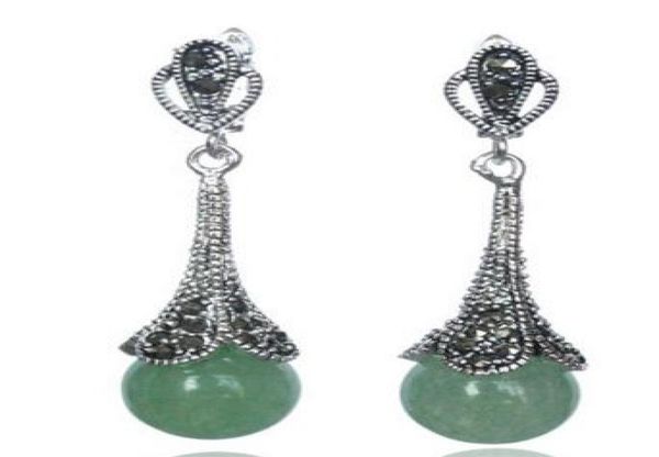 Rare 925 Silver Silver Natural Green GEM Perles d'oreilles marcasites 145quot3528288