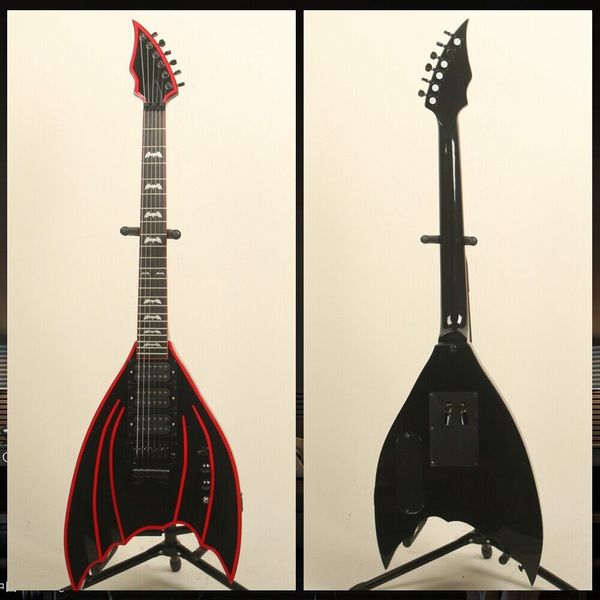 Rare guitare électrique en forme de chauve-souris noire avec corps à rayures rouges 3 micros Humbucker incrustation de chauve-souris