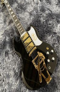 Zeldzame dubbel gesneden Gloss Black SG Electric Guitar 3 Humbuckers Pickups Bigs Tremolo Bridge Gold Hardware Star Logo White Pickg6153655