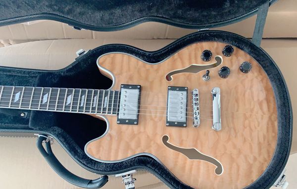 Rare ES 339 Semi Hollow Body Natural Quilted Maple Top Jazz Guitare Électrique Double F Holes, Flame Maple Back, Tuilp Tuners, Chrome Hardware