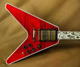 Rare lance-flammes Flying V Ultima Fire Tiger Cherry Flame Maple Top Guitare électrique White Pearloid Abalone Flame Inlay 3 Humbuc9058365