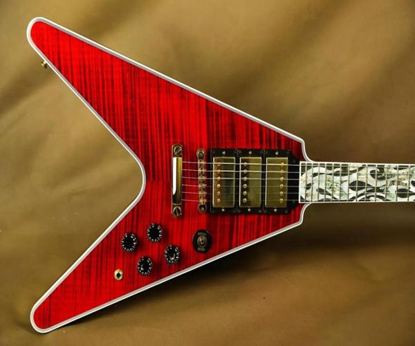 Raro lanzallamas Flying V Ultima Fire Tiger Cherry Flame Maple Top Guitarra eléctrica White Pearloid Abalone Flame Inlay 3 Humbuc9058365