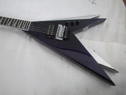 Rare Jack Ed Roman Vinnie Vincent Metllic Sinlver Purple Double Flying V Guitarra eléctrica Floyd Rose Tremolo Tuerca de bloqueo, incrustaciones de aleta de tiburón