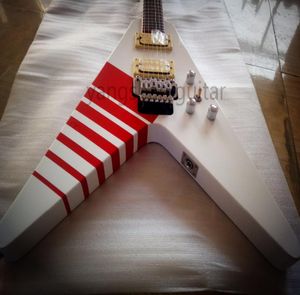 Rare Kill Switch Buckethead 24 trastes KFC Flying V Alpine White Solo Guitarra eléctrica Cuello rojo Encuadernación Floyd Rose Tremolo Tailpiece7349466