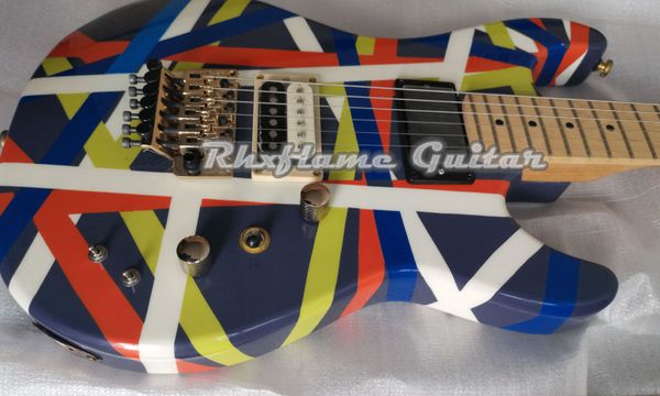 Rare Kram Edward Van Halen Blanc Noir Rouge Bleu Jaune Rayures Pacer Sustainer Guitare Électrique Chine Micro EMG Floyd Rose Tremolo Bridge Matériel Or