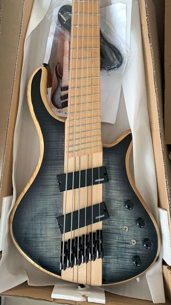 Mayon 6 cordes Trans Black Flame Maple Top Guitare basse électrique Cou à travers le corps, Frettes ventilées, Fils actifs Batterie 9V