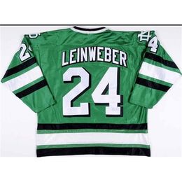 RARE Men real Full broderie North Dakota Game Worn # 24 Chris Leinweber BLANC NOIR VERT Jersey S-4XL ou personnalisé n'importe quel nom ou numéro Jersey