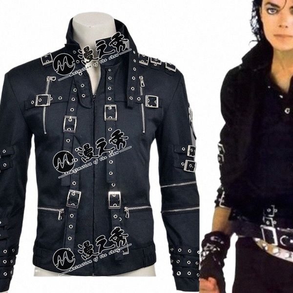 rare MJ Michael Jacks Punk Rock Style BAD Tour Noir Cott Cuir Rivet Slim Zipper Veste Outwear u8JS #