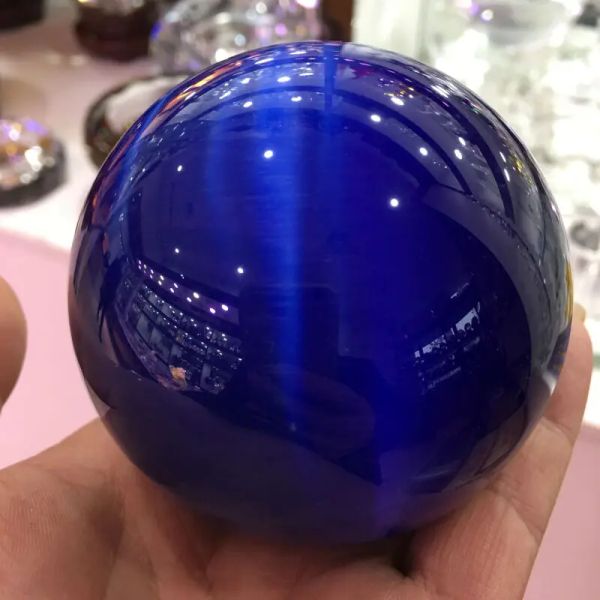 Rare Quartz Natural Blue Cat Eye Crystal Therapy Ball Sphere + Bracket