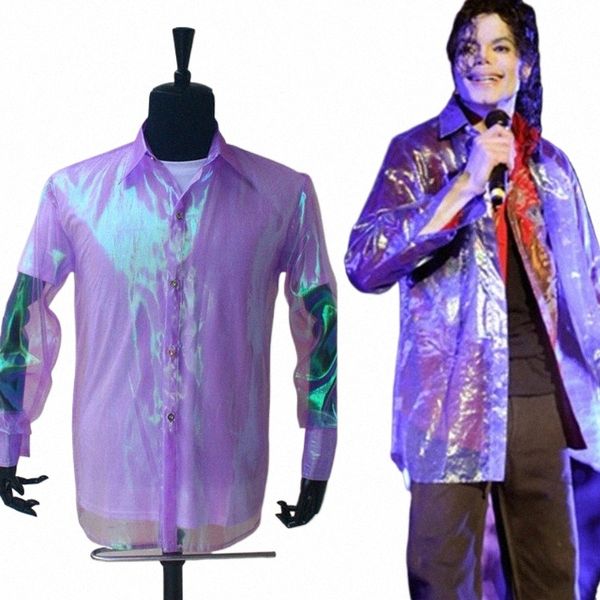 rare PUNK Rock Casual Classic MJ irisé violet scintillant organza bout à bout frt Cette chemise Michael Jacks Costume h5UE #