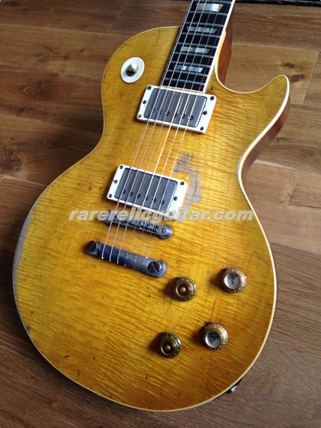 Reliquia rara Kirk Hammett GaryMoore Peter Green Flame Maple Top Lemon Burst Guitarra eléctrica Crack Line Nitro Envejecido 1959 Mástil de una pieza Cuerpo de caoba Puente Little Pin