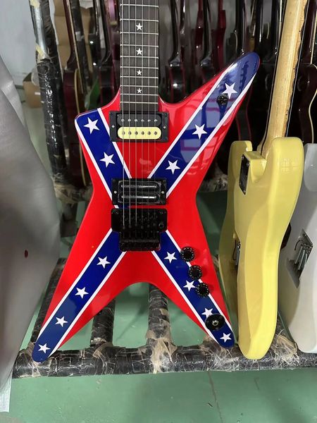 Guitarra de forma rara Wash Dime 333 Dimebag Darrell Rebel Confederate Flag Guitarra eléctrica roja Floyd Rose Tremolo Star Inlay Hardware negro