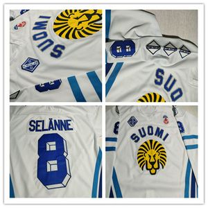 Zeldzame vintage Suomi 2002 Teemu Selanne Team Finland Canada Cup Hockey Jersey White Personalized Men Youth Women Any Name Number S-5XL