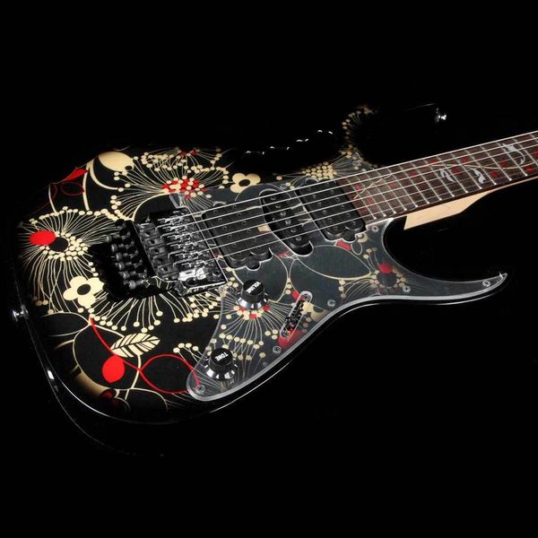 Rare Worldwide Fast S/H JEM 77FP2 Patrón floral 2 Steve Black Guitarra eléctrica Incrustación del árbol de la vida Floyd Rose Tremolo Tuerca de bloqueo Hardware cromado