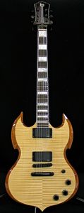 Rare Wylde Audio Barbarian Natural SG Electric Guitar Flame Maple Top & Back, Beveled Edge Body, Large Blocks Inlay, Grover Tuners, China EMG Pickups, Black Hardware