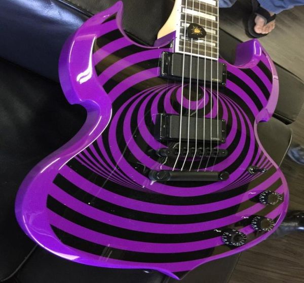 Raro Wylde Audio Purple Barbarian firmado por Zakk Black Bullseye SG Guitarra eléctrica Diapasón de ébano Incrustación de bloque grande Negro Har1820759