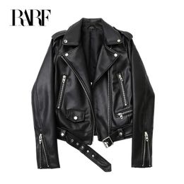 RARF printemps et automne veste en simili cuir PU avec ceinture revers femme moto noir zip biker 240122
