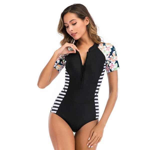 Rash Guard Surf Maillots De Bain Femmes Maillot De Bain Sport Stripe Floral Body Zip Up Plus La Taille Monokini Beachwear XXL 210604