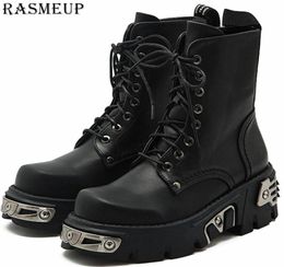 RASMEUP 6CM Style Punk plate-forme femmes bottines femmes 039s moto botte mode dames grosses chaussures en métal décor noir 201108917490328