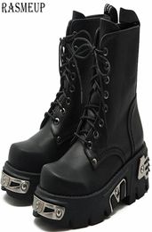 Rasmeup 6cm Plateforme de style punk Femmes Boots de la cheville Femmes039 Moto-cycle Botte de mode Fashion Ladies Chaussures Chaussures Metal Decor Noir 201108911640265