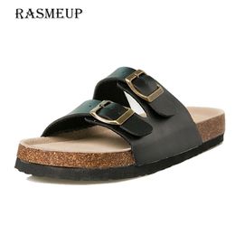 RASMEUP cuir femmes pantoufles été doux liège boucle tongs femmes plage diapositives décontracté blanc femme tongs chaussures Y200423