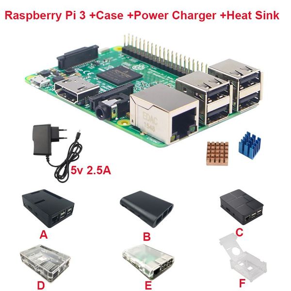 Envío gratuito Raspberry Pi 3 Board + 5V 2.5A Fuente de alimentación + Estuche + Disipador de calor para Raspberry Pi 3 Modelo B PI 3 WiFi Bluetooth