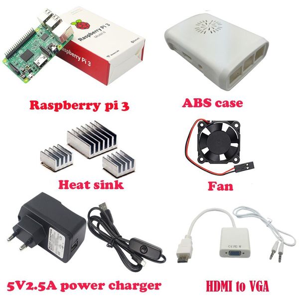 Freeshipping Raspberry Pi 3 Modelo B con WIFI y Bluetooth + Estuche ABS + Ventilador de refrigeración + Disipador de calor 3pcs + fuente de alimentación + H-DM-I a VGA con cable de audio