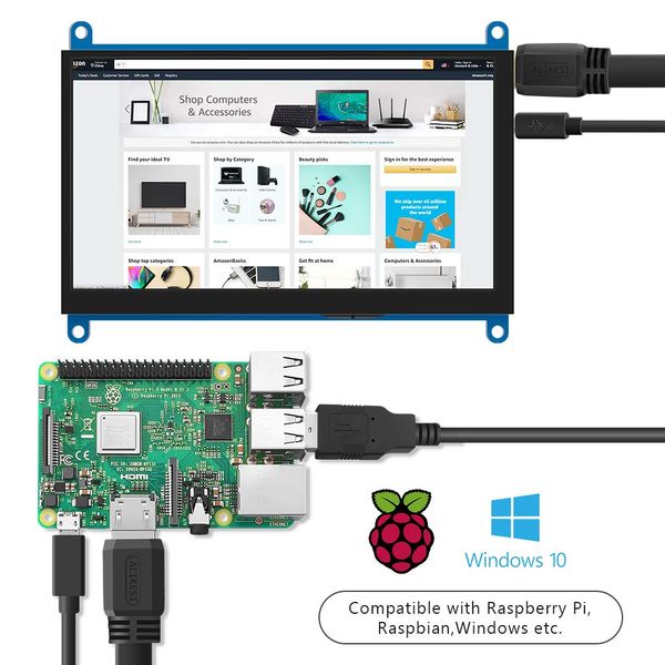 Raspberry PI 4/3/2/1 Monitor 7 pouces LCD HDMI Affichage 1024x600 Ultra HD Capacitif Tact Screen Support Windows Linux Raspbian