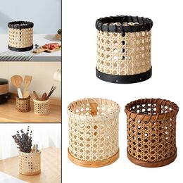 Rattan Cylindrical Pen Holder Hand-Woven Chopsticks Tableware Storage Basket Small Debris Basket Kitchen Table Decoration
