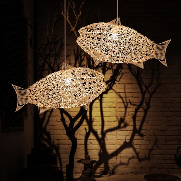 Rotin moderne simple loft lampe restaurant personnalité créative handfish lustre en bois 220705