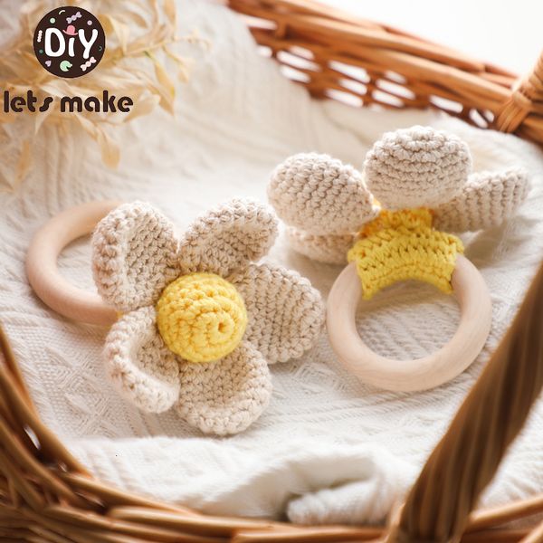 Rattles Mobiles 1pc Crochet Flower Racet Toy Toy Soother Bpa BPA Free Wooden Ring Baby Produit mobile Pram Brib Bood Toy Born Gifts 230303