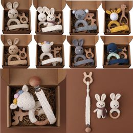 Rattles Mobiles 1Set Crochet Bunny Baby Teether Rattle Safe Beech Wooden Teether Ring Chupete Clip Chain Set nacido Mobile Gym Juguete educativo 230707