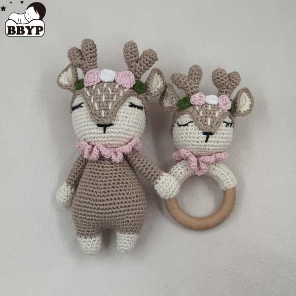 Hochets Mobiles Crochet bébé fait à la main cerf Elk ensemble hochet anneau de dentition jouets en peluche poupées de couchage cadeaux de douche 230518