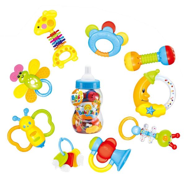 Sonajeros Móviles Juguete infantil Bebé Sonajero Mordedor Juguetes 9 piezas Conjunto de regalo con botella de leche de almacenamiento para nacidos 0 3 6 9 12 18 meses Colorf D Dr Dhr1E