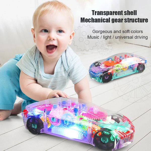 Hochets mobiles enfants clignotant voiture de course électrique jouets lumière transparente colorée LED musique engrenage mécanique véhicule modèle lumineux enfants cadeau 231031