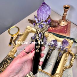 Baguette à pointe d'obsidienne noire naturelle en pierre d'améthyste brute, cadeau parfait pour les sorcières, outil de divination, rituel de protection de l'autel, sorts manifestant l'activation de la grille de cristal