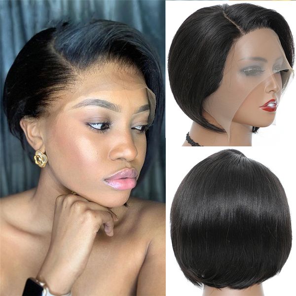 Cheveux bruts brésiliens pré-plumés Remy côté T partie perruque de dentelle non transformée Pixie coupe droite Bob perruques de cheveux humains