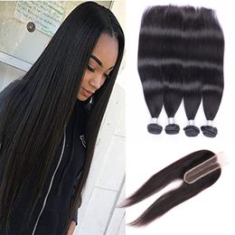 Cheveux vierges indiens crus 4 faisceaux avec fermeture 2X6 avec extensions de cheveux de bébé Bundle de couleur naturelle avec fermetures partie centrale 8-30 pouces