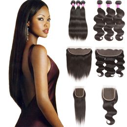 Bundles de cheveux humains vierges indiens bruts avec fermeture 10A Extensions droites Tissages de cheveux de vague de corps non transformés avec vendeur de commande en gros frontal