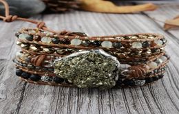 Pulsera de pirita cruda Boho piedras naturales mixtas 5 hebras Pulseras envolturas a mano Pirita hecha a mano Pulseras de cuero para mujeres CX201881309