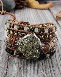 Pyrite brace Boho Bracelet Mélanges Pierres naturelles 5 brins Bracelets à la main Pyrite Pyrite Bracelet en cuir Bracelet Bracelets CX201532657