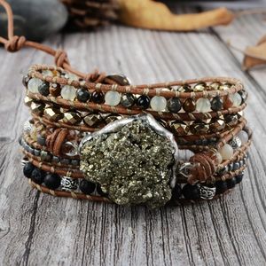 Rauwe Pyrite Boho Armband Gemengde Natuurstenen 5 Strands Wrap Armbanden Handgemaakte Pyriet Charm Lederen Armband Dames Armbanden CX200730