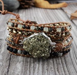 Pyrite brace Boho Bracelet Mélanges Pierres naturelles 5 brins Bracelets à la main Pyrite Pyrite Bracelet en cuir Bracelet Bracelets CX207207980