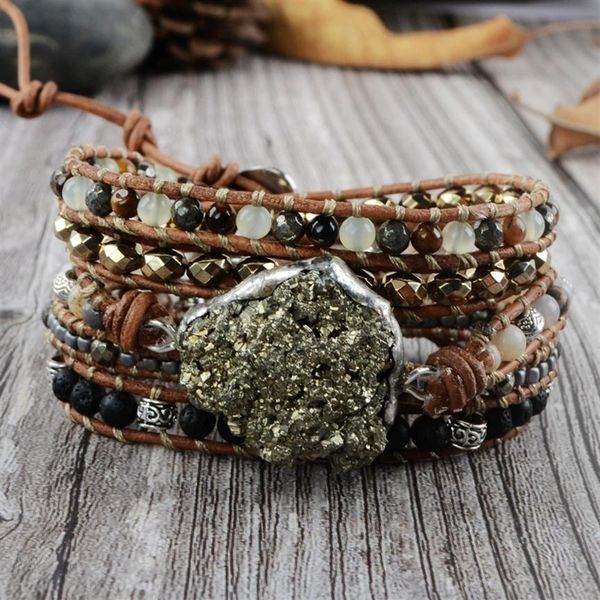 Bracelet Boho Pyrite Brute Pierres Naturelles Mixtes 5 Brins Wrap Bracelets À La Main Pyrite Charme Bracelet En Cuir Femmes Bracelets CX2007302495