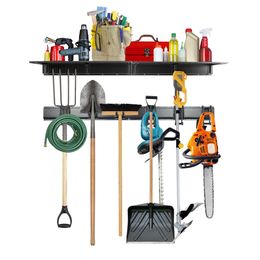 Raxgo Support de rangement pour outils avec étagère, 12 pièces, organiseur de garage, en métal, mural, cintre pour outils électriques, vadrouille, râteaux de jardin, pelles, plus