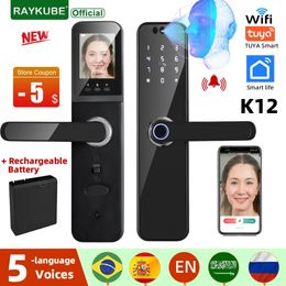 RAYKUBE K12 Tuya WiFi-camera Elektronisch slot 3D-gezichtsherkenning Vingerafdruk Slimme deur met scherm Oplaadbare batterij 240111