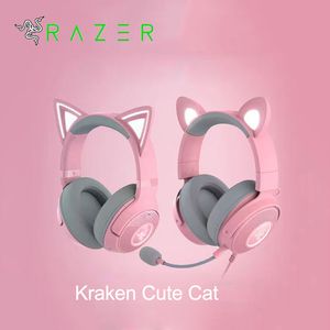 Écouteur de chat mignon Razer Kraken E-Sports Casièmes de jeu avec microphone 7.1 Sound surround Éclairage RVB câblé pour PC PS4 Écouteur d'annulation du bruit