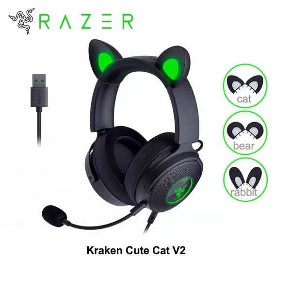 Écouteur USB Razer Kraken Cat Cat E-sports E-Sports Chef de jeu avec microphone 7.1 surround Sound RVB Éclairage câblé pour PC PS4 CASHEPHONES ANNULLAGE